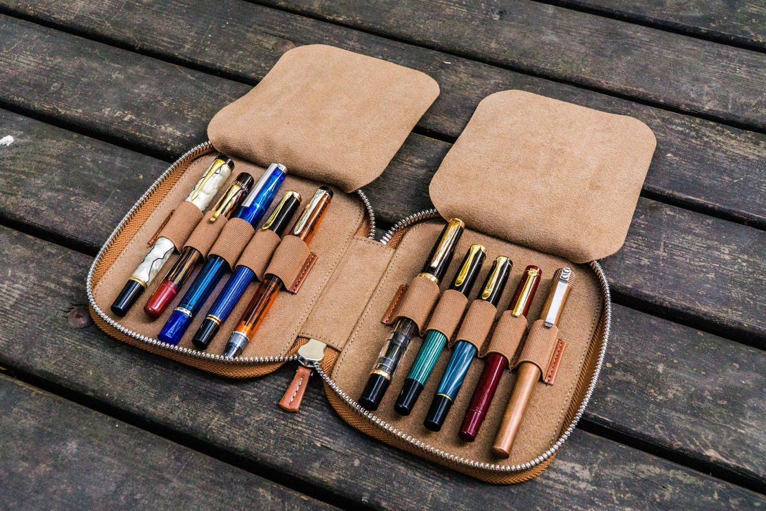 Zippered Leather 10 Pen Case - Brown
