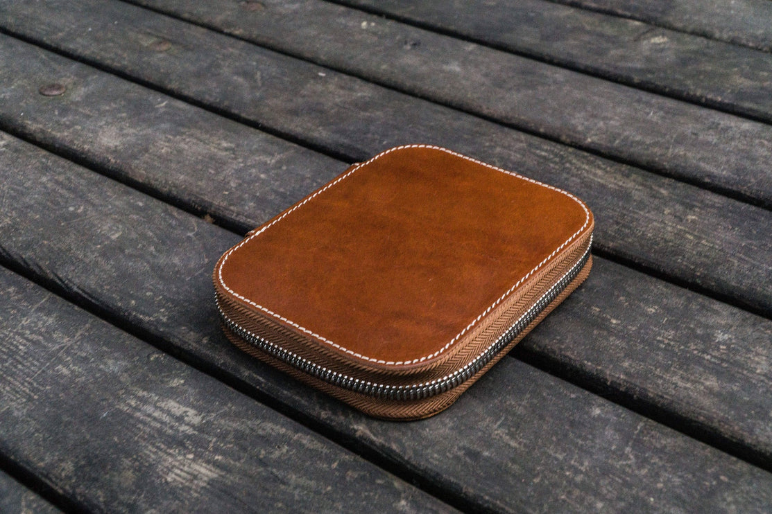 Zippered Leather 10 Pen Case - Brown
