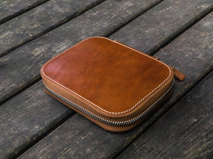 Zippered Leather 10 Pen Case - Brown