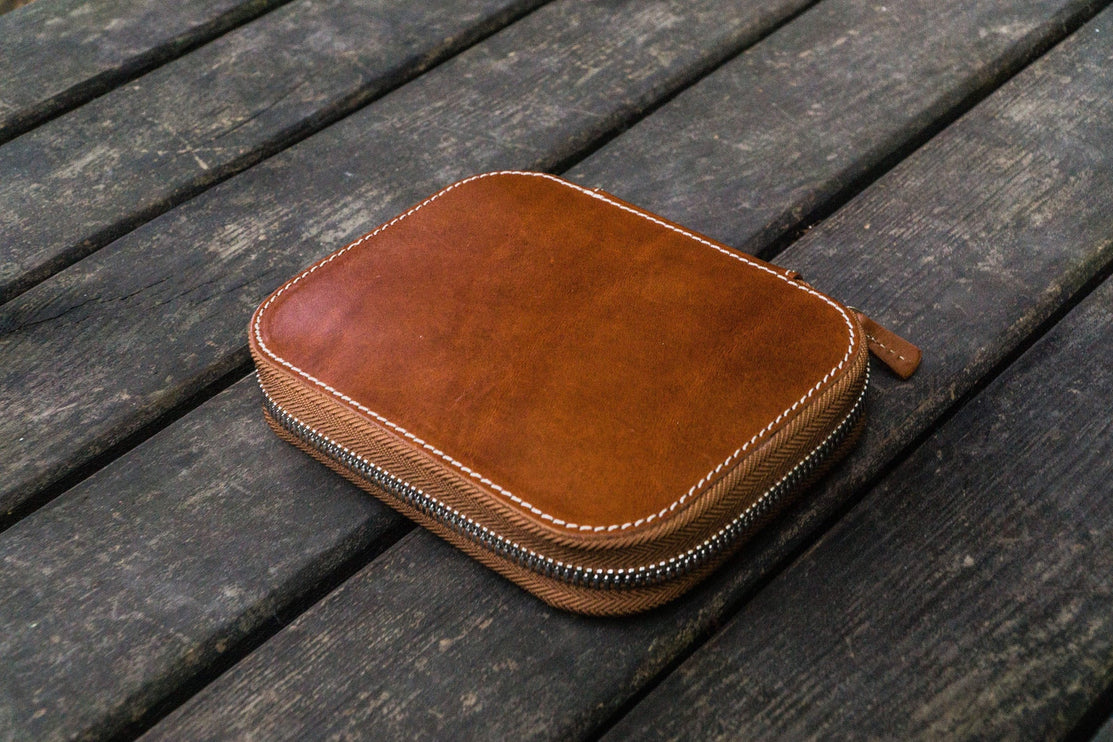 Zippered Leather 10 Pen Case - Brown