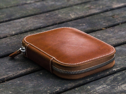 Zippered Leather 10 Pen Case - Brown