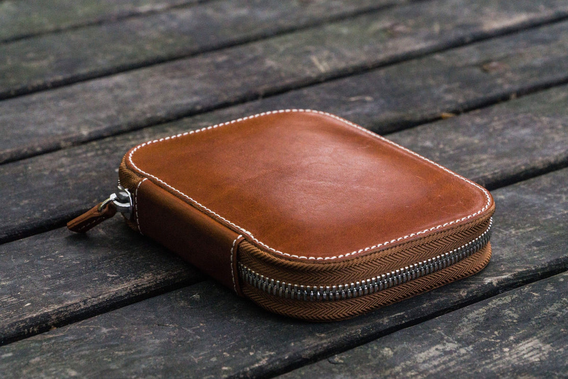 Zippered Leather 10 Pen Case - Brown