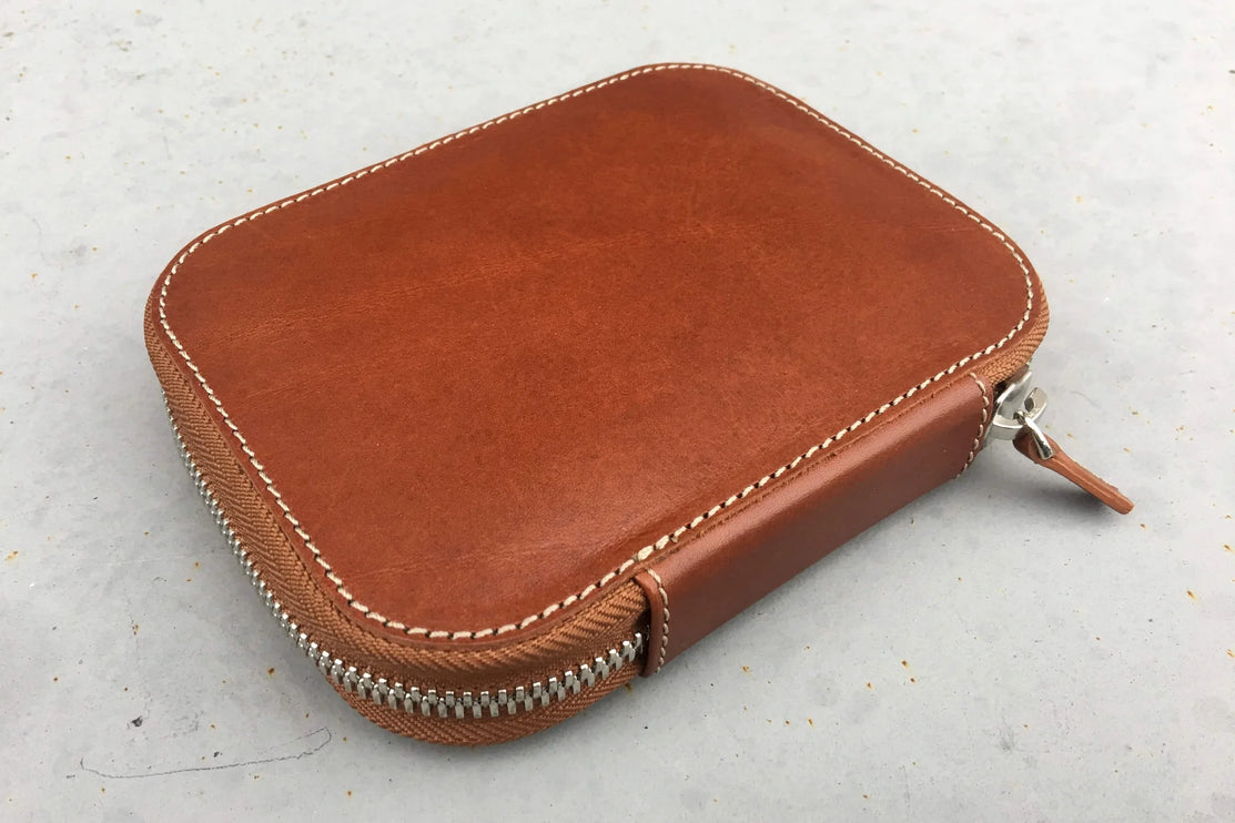 Zippered Leather 10 Pen Case - Brown
