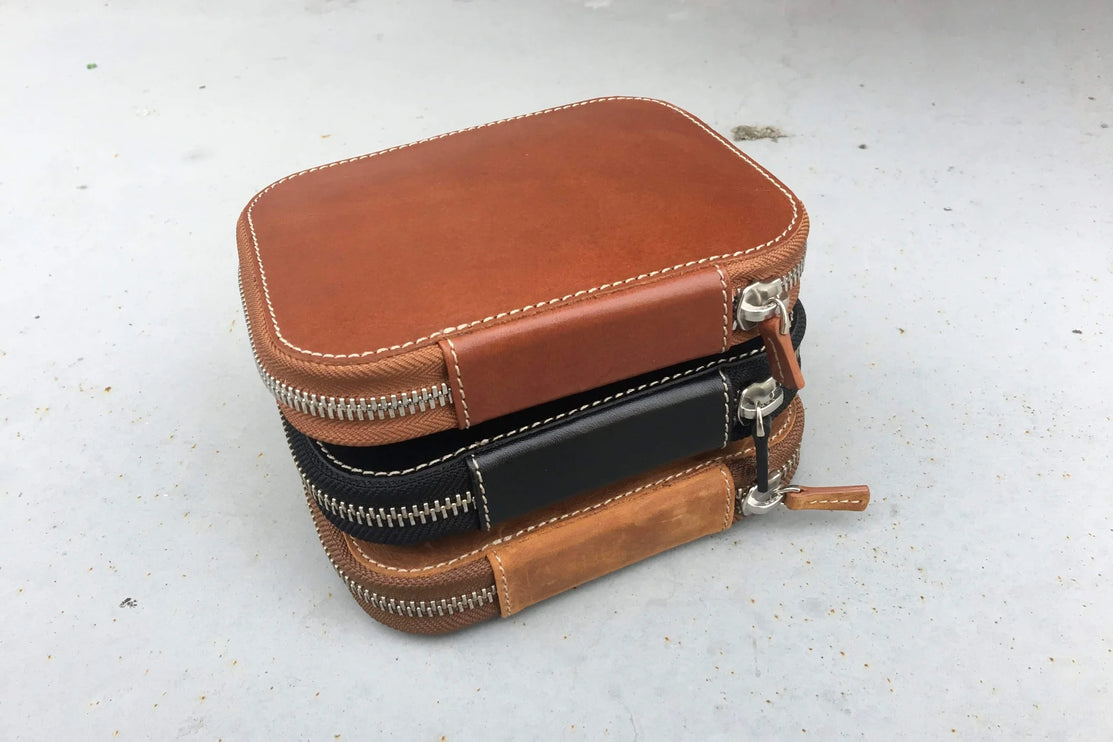 Zippered Leather 10 Pen Case - Brown