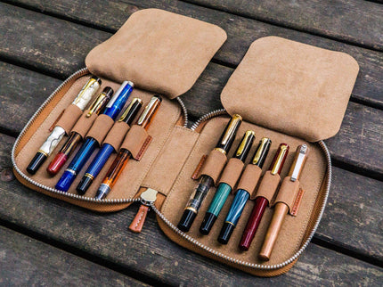 Zippered Leather 10 Pen Case - Brown
