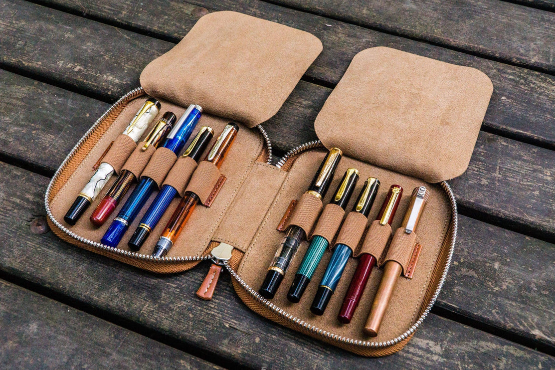 Zippered Leather 10 Pen Case - Brown