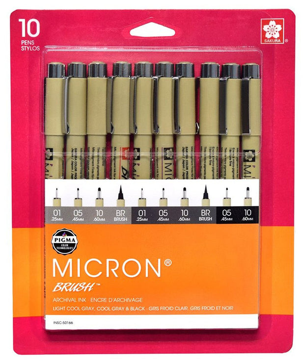Pigma Micron - Set de 10 - Gris + Negro - ColorSwatch