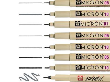 Pigma Micron - Set de 10 - Gris + Negro - ColorSwatch