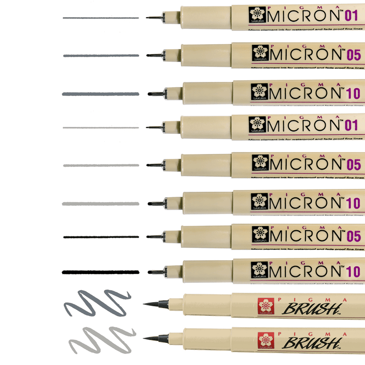 Pigma Micron - Set de 10 - Gris + Negro - ColorSwatch