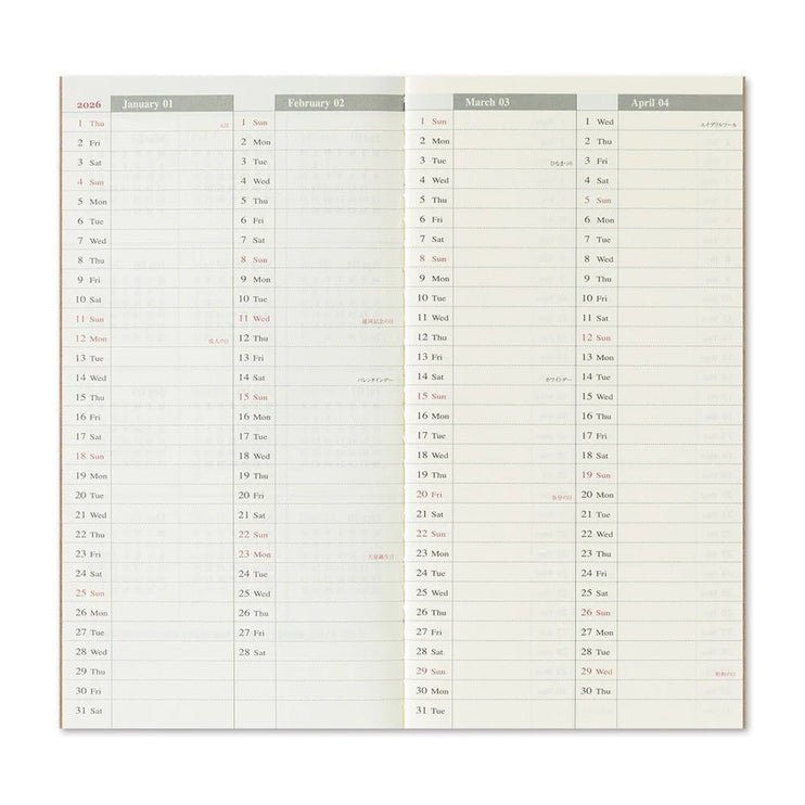 TRAVELER's notebook Refill - Regular Size - 2026 Weekly Vertical - ColorSwatch