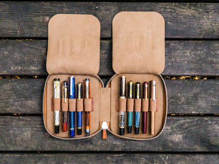 Zippered Leather 10 Pen Case - Brown - ColorSwatch